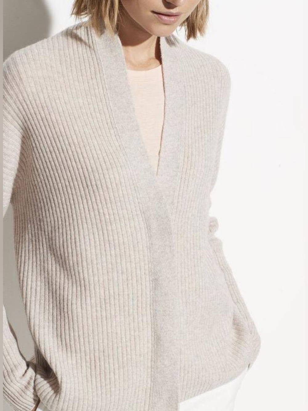 Vince Cashmere Wool Cardigan Sweater Ribbed Knit V-neck Tan Cream Large $385